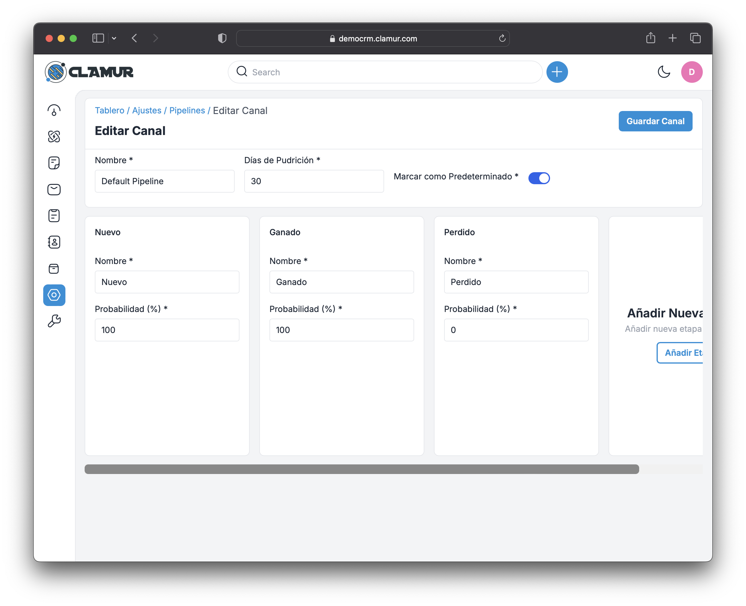 Vista editar Pipeline por defecto - Clamur